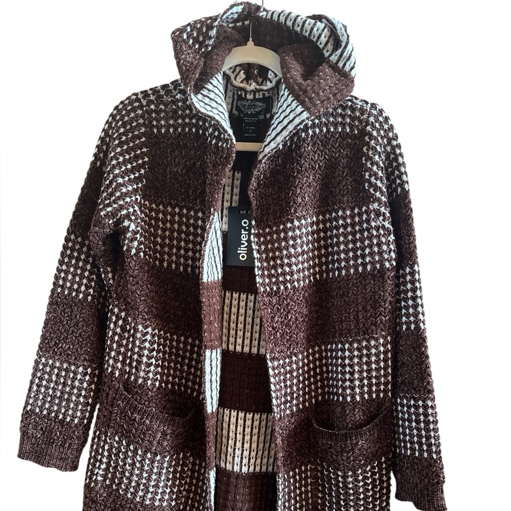 Oliver.o NWT Woman’s Sz XL Chocolate Brown White Checkered Hooded Long Cardigan